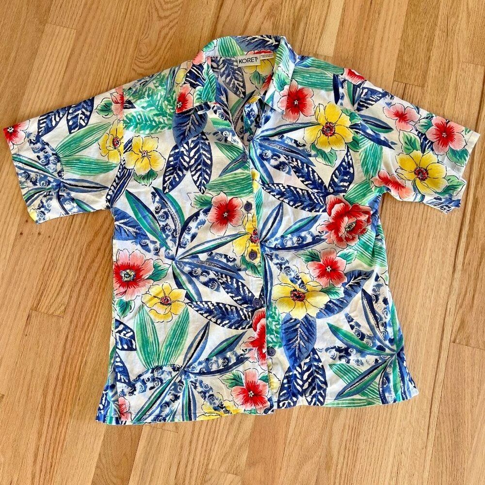 VTG 80s 90s Koret Womens 12 Blouse Shirt blue Floral‎ Short Sleeve hawaiian